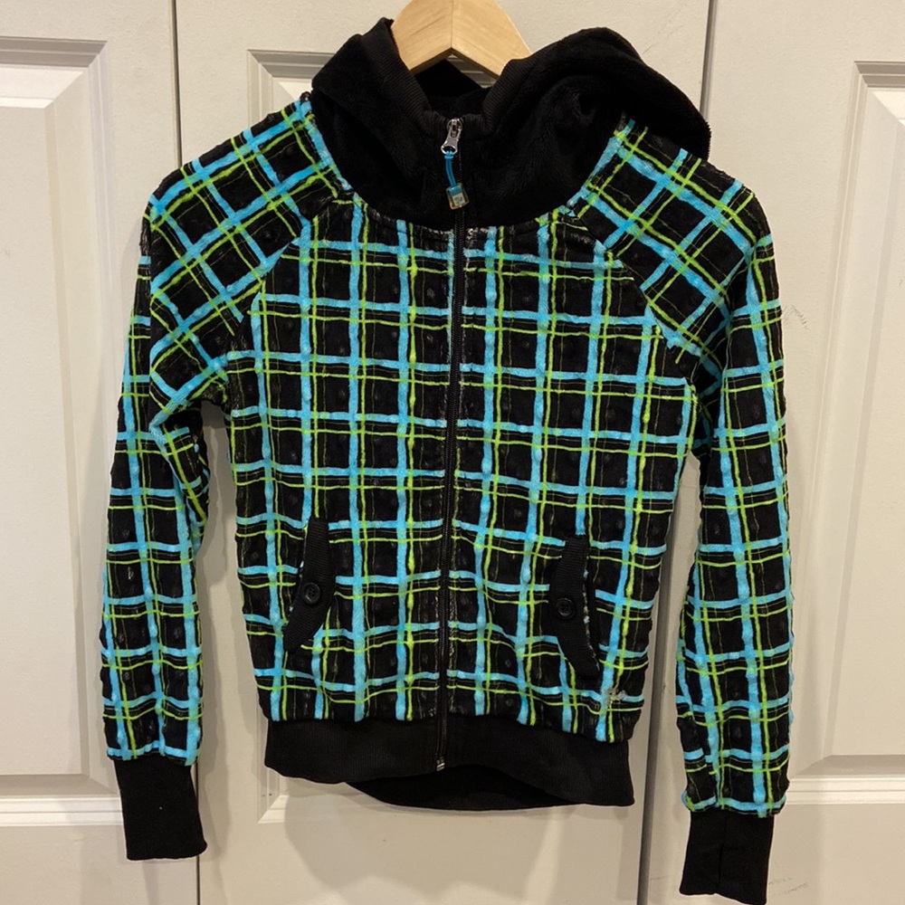 Triple Flip Black, Blue and Green Plaid Patterned Plush Zipping Hoodie